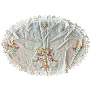 VTG- Hand stitched Needlepoint- floral colorful details- white table doily
